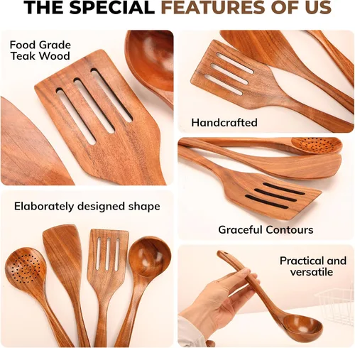 Miniatura 4 de Juego de utensilios de cocina de madera de teca natural - 4 piezas de cucharas de madera para cocinar con cucharón, espátula y cuchara ranurada