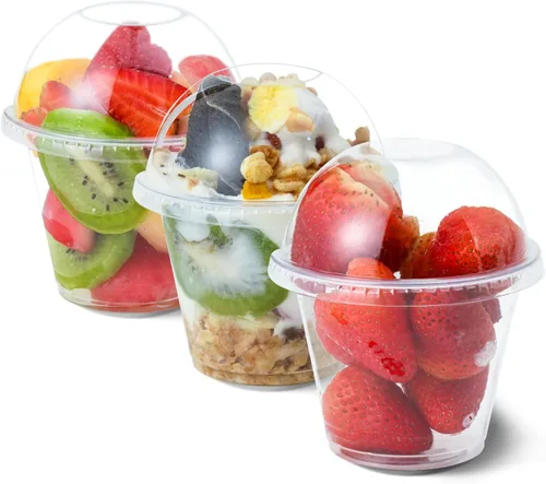 Aatriet Vasos de plástico transparente de 9 onzas con tapas, 25 juegos de tazas de postre con tapa de cúpula (sin agujero), taza desechable de