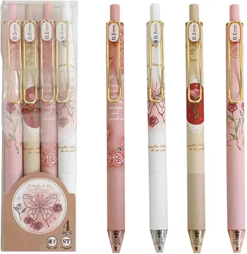 MOZXIRZ 4 piezas de bolígrafos de gel retráctiles con flores, tinta negra, 0.5mm, para niñas/mujeres, lindos, estéticos, bolígrafos para Flor-1