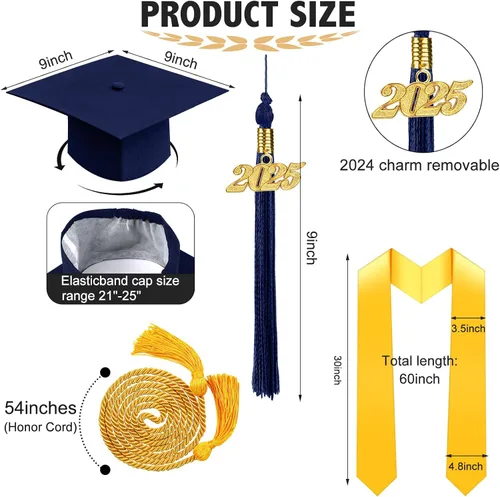 Miniatura 2 de Juego de gorra y vestido de graduación 2025 con borla, cordón de honor y estola de graduación para escuela secundaria, universidad y soltero