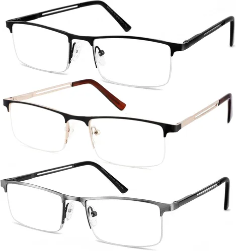 Paquete de 3 gafas de lectura para hombre, bloqueo de luz azul, lectores rectangulares de metal semi sin montura para hombres, antifatiga Negro