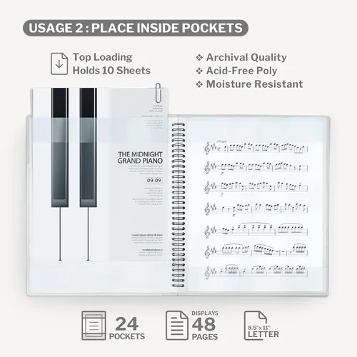 Miniatura 4 de Carpeta de partituras CRANBURY 8.5x11 - Carpeta de música de doble uso (negra), almacene páginas dentro de 24 fundas protectoras o anote páginas