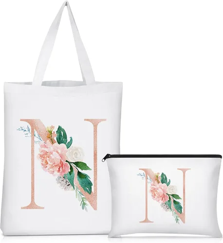 Miniatura 14 de Sanwuta 2 bolsas de lona con inicial, diseño floral con letras florales, bolsas de cosméticos de viaje, bolsas con monograma para mujer, mujer