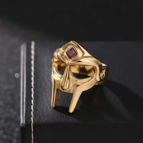 Miniatura 2 de DOOM - Anillo de máscara para hombre, estilo gladiador, anillo de acero inoxidable de titanio dorado rubí