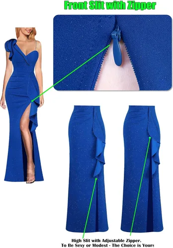 Miniatura 6 de VFSHOW Vestido largo de fiesta formal con volantes y tirantes para el hombro, para mujer, vestido largo sexy con cuello en V dividido para cóctel