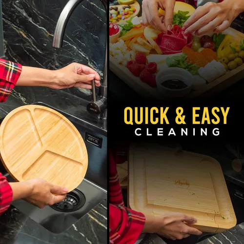 Miniatura 5 de Ayeeko Tablas de queso de bambú, tabla de carne de embutidos con cajón deslizante, 4 cuchillos de acero inoxidable y cuencos de cerámica, bandeja