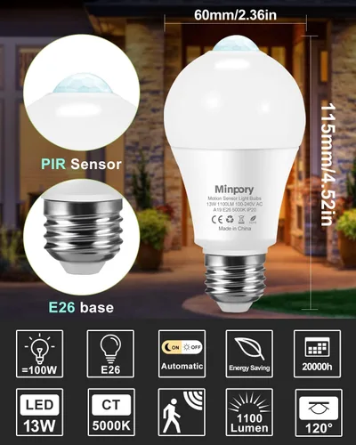 Miniatura 8 de Bombillas con sensor de movimiento, 13 W (equivalente a 100 W) detector de movimiento activado automáticamente desde el atardecer hasta el amanecer
