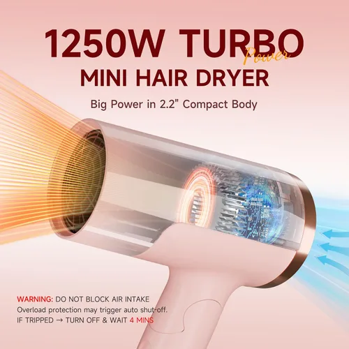 Miniatura 3 de PRITECH - Secador de pelo de viaje de doble voltaje de 1250 W con difusor, plegable Pink Blow Dryer with Concentrator,110V/220V Worldwide Use,Mini