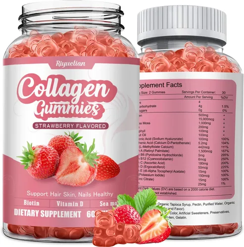 Gomitas de colágeno con vitamina C, zinc y biotina, suplemento de belleza con sabor a fresa, suplemento de péptidos de colágeno hidrolizados para