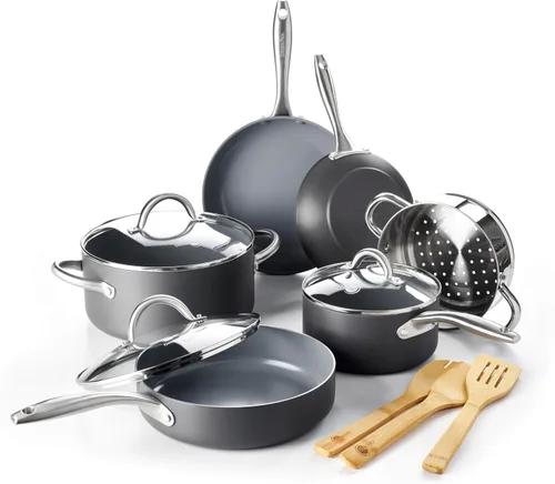 GreenPan Lima Juego de Utensilios de Cocina de Cerámica Antiadherente Saludable Anodizada Dura de 12 Piezas Ollas y Sartenes, Libre de PFAS, Seguro
