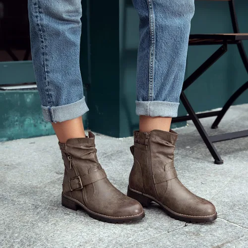 Miniatura 2 de Hawkwell Botas de combate para mujer, botas de tobillo con hebilla lateral y cremallera