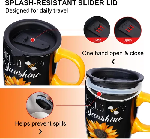 Miniatura 8 de Taza de viaje de cerámica de girasol de Topadorn con tapa y caja de regalo a juego, taza de café latte, 17oz. Hola, sol