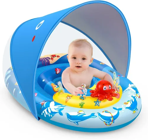 EZIGO Baby Pool Float with Canopy UPF50+ Sun Protection, Inflatable Kids Pool Floats with Ocean Animal Toys for Baby 6-36 Months, Infant Swimming