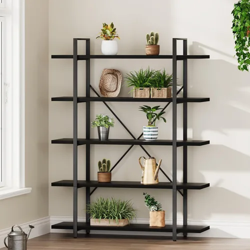 Miniatura 9 de HSH Estantería negra de 5 niveles de alto, estante de almacenamiento de madera y metal, estantería industrial moderna Etagere de 5 estantes, estante