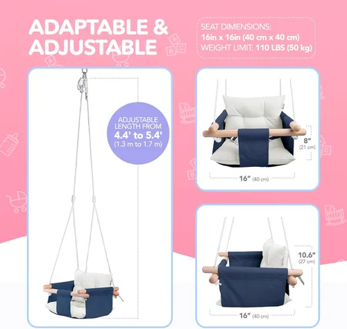 Miniatura 5 de CaTeam - Columpio de lona para bebé, silla colgante de madera con cinturón de seguridad, silla de columpio para bebé duradera, columpio