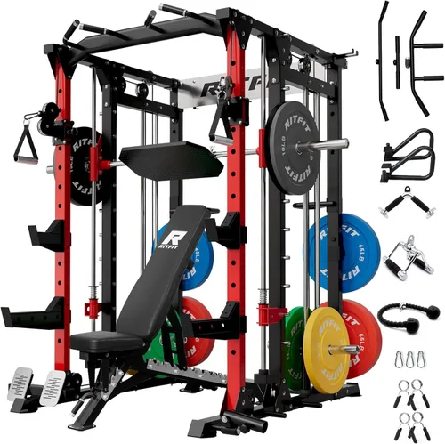 Miniatura 16 de RitFit Máquina Buffalo Smith, jaula eléctrica con sistema LAT-Pull Down y sistema de cruce de cables, estante de sentadillas todo en uno