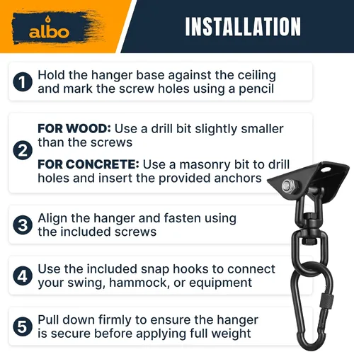 Miniatura 9 de Albo Gancho para colgar en el techo de 2650 libras para hamaca y columpio de porche, soporte resistente giratorio de 360° con mosquetón