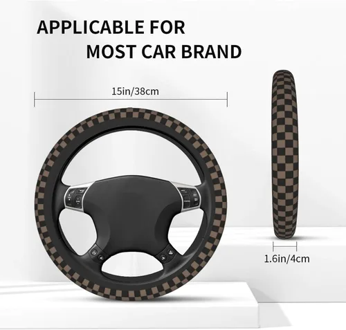 Miniatura 4 de Funda para volante de automóvil de 15 pulgadas y 2 posavasos de automóvil a cuadros Funda de volante a cuadros color negro marrón antideslizante
