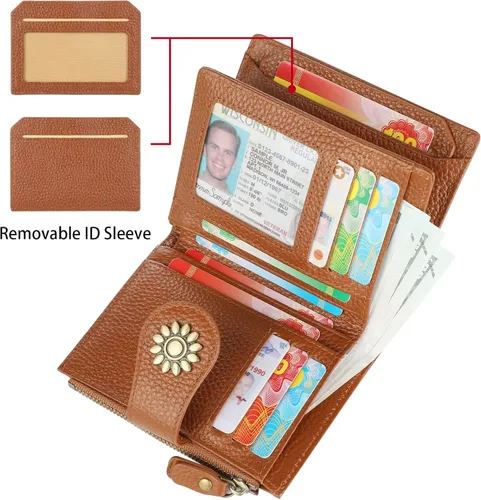 Miniatura 2 de Lavemi Cartera de cuero para mujer, pequeña, compacta, con bloqueo RFID, con bolsillo con cremallera