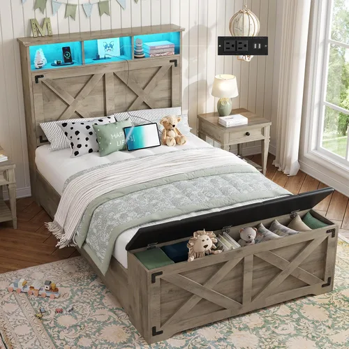 Miniatura 12 de DICTAC - Base de cama estilo granja tamaño Queen con cabecera de almacenamiento y estación de carga, base de cama de plataforma de madera