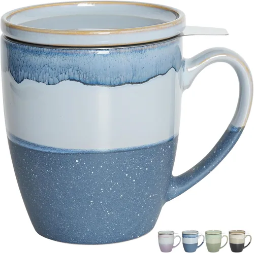 Bosmarlin Taza de té de cerámica con infusor y tapa, 16 onzas, 4 colores para elegir, apta para lavavajillas y microondas, taza de té con colador,