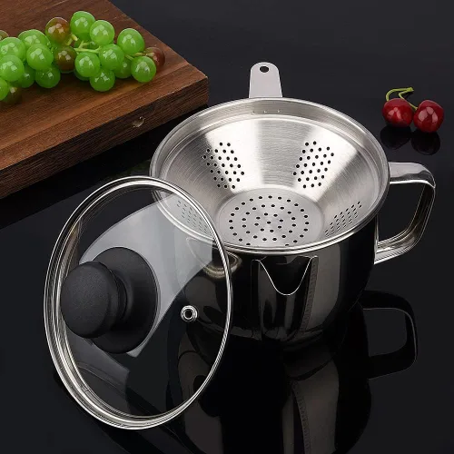 Miniatura 8 de Separador de grasa de acero inoxidable para 4 tazas/33.8 fl oz, separador de grasa con colador y tapa de vidrio, taza separadora de aceite de sopa