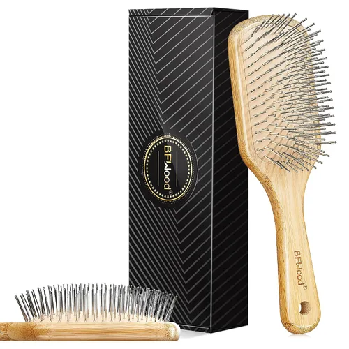 Miniatura 10 de BFWood Cepillo de pelo de paleta con cerdas de acero, cepillo de pelo de metal, ayuda al crecimiento del cabello y masaje del cuero cabelludo