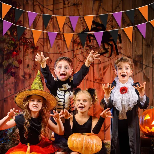 Miniatura 5 de Tatuo Banderín de Halloween de 656 pies, 20 unidades, bandera triangular, morado, naranja, negro, banderines de tela, banderines de tela para fiesta