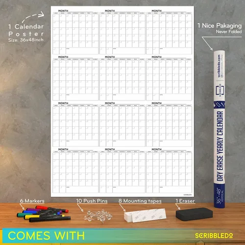 Miniatura 2 de Calendario grande de pizarra blanca de 36 x 48 pulgadas, calendario de borrado en seco para pared, calendario de pared grande de borrado en seco