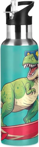 Stainless Steel Vacuum Insulated Water Bottle 32 Oz, Leakproof Water Bottles for Gym Outdoor Travel School, Cool Green Rex Dinosaur Teal