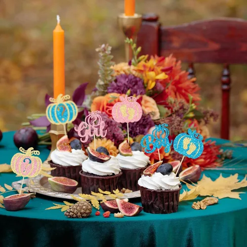 Miniatura 4 de 24 adornos para cupcakes de calabaza para niños o niñas con purpurina para revelación de género, decoración para cupcakes de calabaza, pies