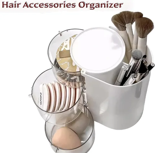 Miniatura 2 de Organizador de accesorios para el cabello con soporte para cepillo de pelo, organizador giratorio de 3 cajones para brochas de maquillaje, pinzas