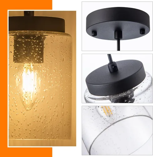 Miniatura 4 de Paquete de 3 lámparas colgantes de vidrio semillado, iluminación colgante negra, moderna, mini iluminación colgante, cable ajustable para cocina