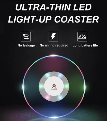Miniatura 6 de 3 posavasos LED coloridos para cócteles, posavasos redondos ultrafinos con luces LED, posavasos luminosos, 3.9 pulgadas, antideslizantes e