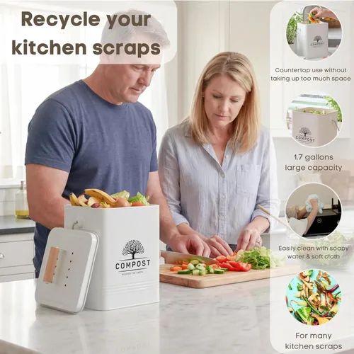 Miniatura 3 de PERFNIQUE Contenedor de compost de cocina, contenedor de compostaje para encimera de 1.7 galones con tapa, contenedor de compost interior incluye 2