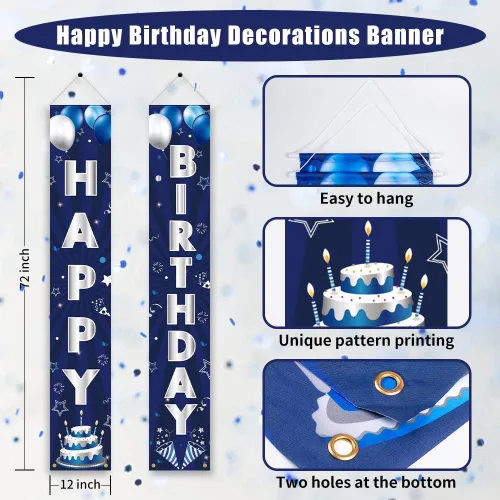 Miniatura 4 de Pancarta de Decoraciones de Cumpleaños Azul Plateado, Letrero de Puerta de Feliz Cumpleaños, Poliéster, 72 x 12 Pulgadas, para Hombres Mujeres Niños