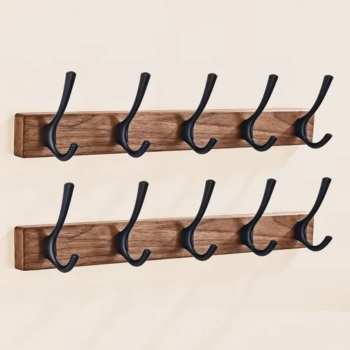 Miniatura 15 de Perchero de pared pequeño de madera de nogal de 17.3 pulgadas con 4 ganchos, colgador de chaquetas de madera resistente montado en puerta