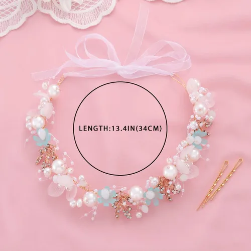 Miniatura 5 de Campsis Diadema para niñas con perlas y flores, diadema de boda de cristal azul, accesorios para el cabello para niñas