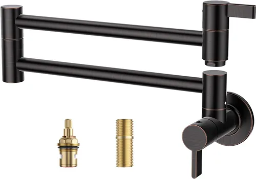 ARCORA - Grifo de llenado de ollas de bronce aceitado, montaje en pared tradicional de 2 manijas con brazos oscilantes de doble articulación grifo