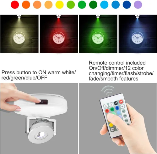 LUXSWAY Focos LED inalámbricos con control remoto que funciona con pilas, luz de imagen con cabezal giratorio, 12 colores que cambian de color, foco
