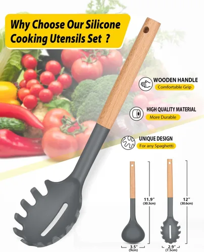 Miniatura 2 de Juego de tenedor y cucharón de silicona para pasta con mango de madera, utensilios de cocina antiadherentes resistentes al calor para cocinar, Gris