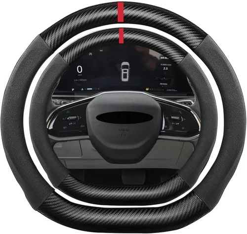 Miniatura 25 de Funda de volante de ante con fibra de carbono de K LAKEY, compatible con Porsche 718 Boxster Cayman 911 Panamera Macan Cayenne de 15 pulgadas, cuero