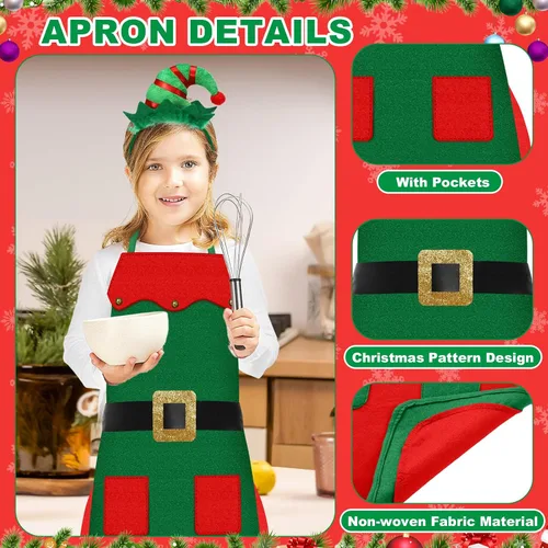 Miniatura 6 de Toulite Juego de 24 piezas de delantal de elfo de Navidad y diadema para niños, delantales de elfo con gorro para niños, suministros de cosplay