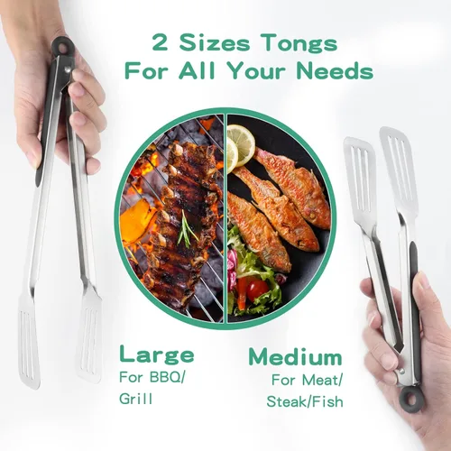 Miniatura 2 de Pinzas de metal para cocinar, juego de 2 pinzas de espátula de acero inoxidable para asar a la parrilla, cocinar y voltear, agarre fuerte