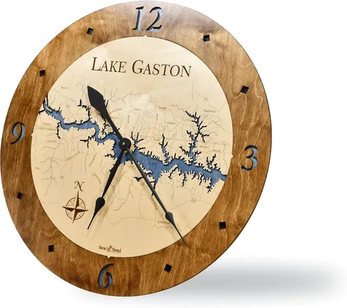 Sea & Soul Lake Gaston Reloj náutico con mapa de madera 3D, reloj de profundidad de agua tallada en arte del lago, reloj de pared único, decoración