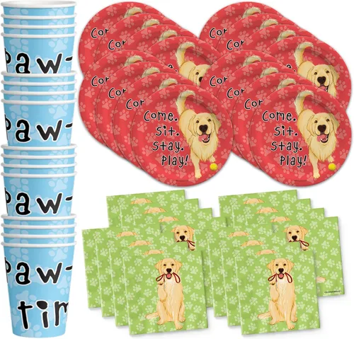 Golden Retriever - Suministros para fiesta de cumpleaños, platos de papel con estampado de patas, juego de vajilla para fiesta de perro, incluye