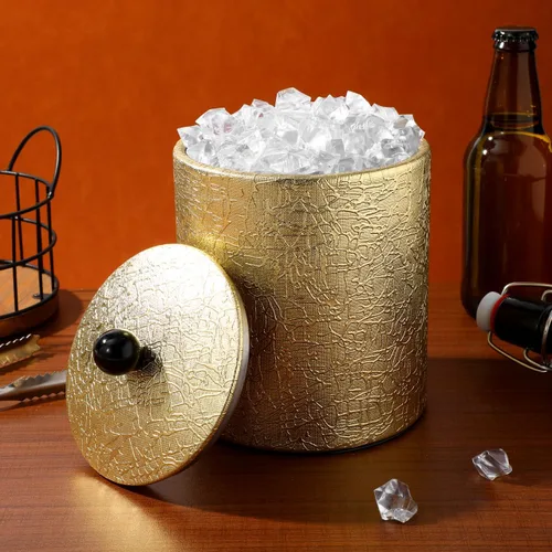 Miniatura 6 de Cubo de hielo con tapa, 2.8 L, doble pared de acero inoxidable que mantiene el frío durante más tiempo, cubo de hielo dorado aislado con pinza