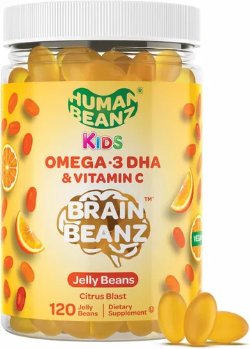 Human Beanz Gomitas veganas Omega 3 para niños, gomitas con DHA y vitamina C, apoyo cerebral e inmunológico para niños, Explosión de cítricos, 120