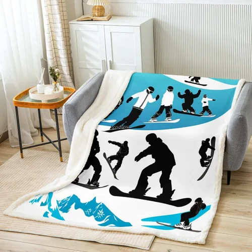 Manta sherpa de esquí, montaña de nieve, manta de vellón para niños y niñas, manta de felpa para deportes extremos, snowboard, manta mullida azul
