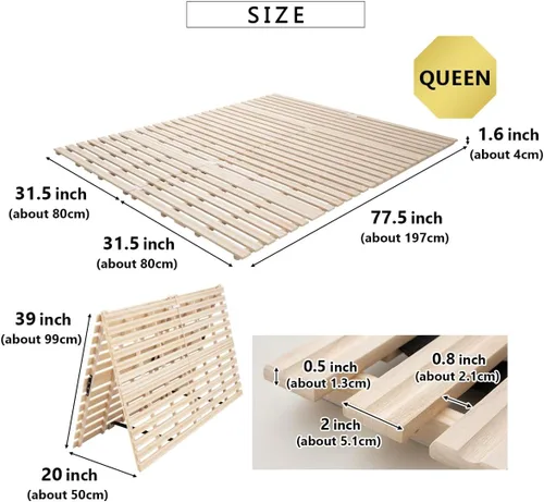 Miniatura 3 de EMOOR Cama de madera con listones de media pliegue tamaño Queen (63 x 78.7 pulgadas) para colchón de futón japonés Franco-Tower, Paulownia sin